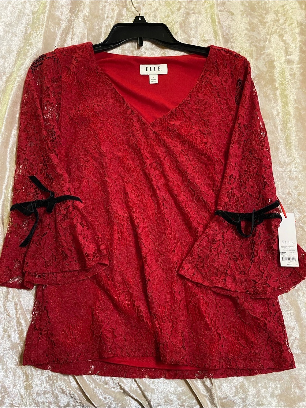 Elle Red Lace V-Neck Bell Sleeve Blouse with Black Ribbon